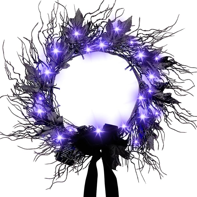 JORNOY 16inch LED Halloween Wreath with Battery Timer - skull wreath