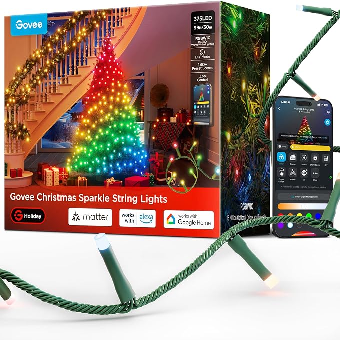 Govee Christmas Sparkle String Lights 99ft with 375 Bullet-Head LEDs - string light