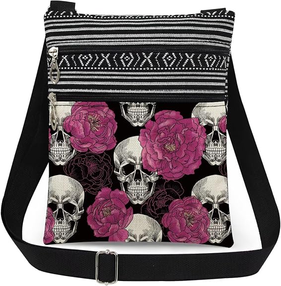 Halloween Gifts for Women Skull Messenger Bag Adjustable Strap Crossbody Pouch Zipper Present - sugar skull handbags for sale