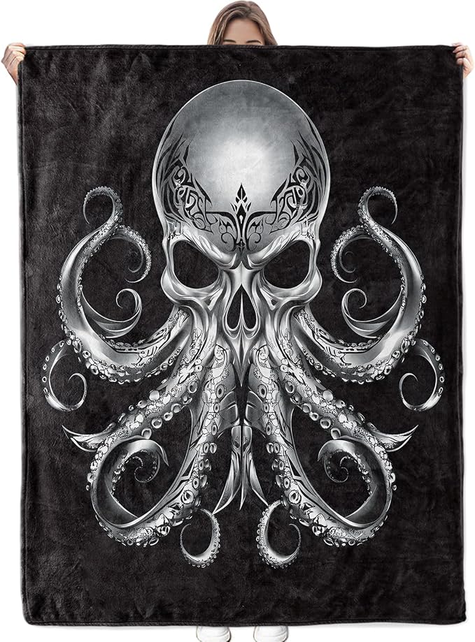 Silver Skull Octopus Blanket Soft Cozy Flannel Gothic Throw Blanket, Warm Yet Lightweight Metallic Octopus Blankets for Travel, Couch, Bed, for Women Men, Fuzzy Outdoor Comfort Wrap 60"×50" - skull blanket