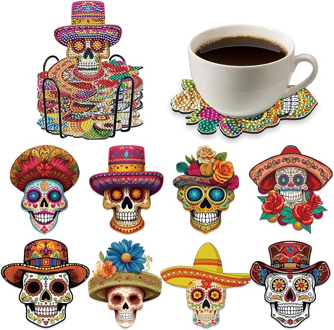 Sugar Skull Diamond Art Coasters - 8 PCS DIY Halloween Diamond Painting Coasters Kits, The Day of Dead Home Table Decor Art Craft Supplies Día De Los Muertos Gift for Skull Lovers Mexicans - skull coaster
