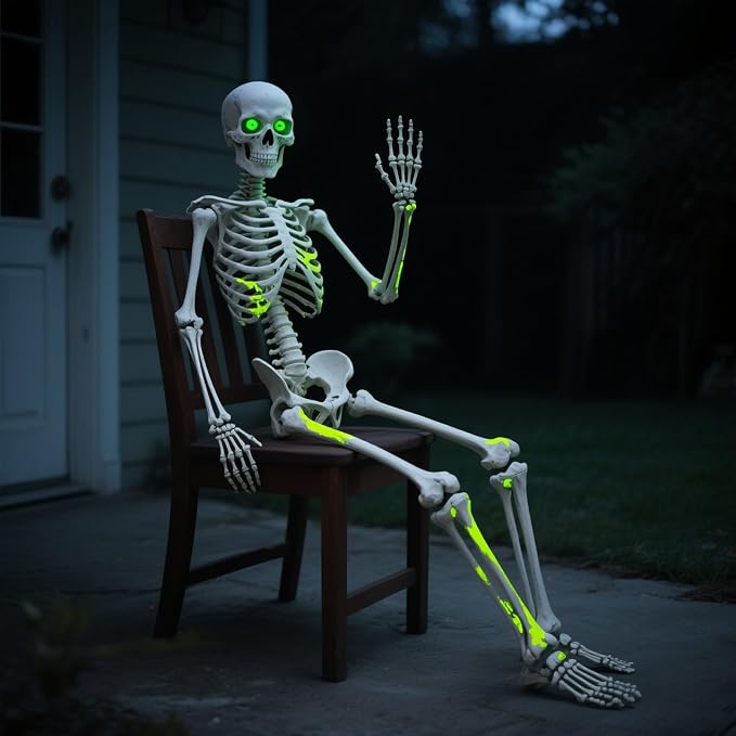 5.4Ft Life Size Halloween Skeleton - Posable with Glowing Eyes & Luminescent Paint, Full Body Life-Like Bones for Indoor Outdoor Halloween Decorations - skeleton