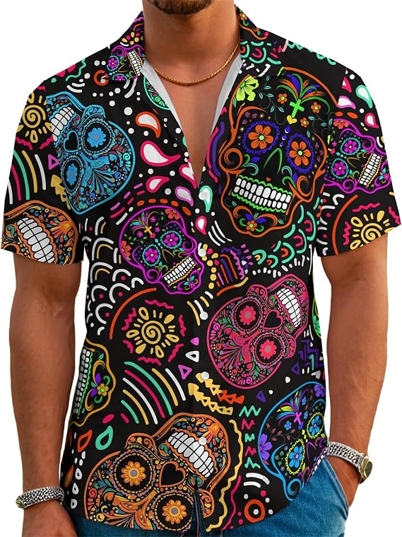 Funny Neon Hawaiian Shirt for Men Button Down Tropical Beach Aloha Shirt Summer Holiday Glow Party Outfits - skull tshirt