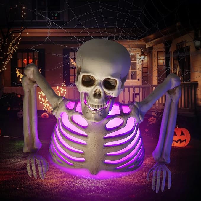 Halloween Ground Breaking Skeleton with Different Light Colors, Halloween Tabletop Decorations Holiday Party Home Haunted House Yard Art, Indoor Lawn Stakes Garden Skeleton Decoration - skeleton