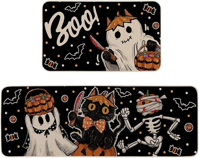 Boo Black Cat Skeleton Pumpkin Kitchen Rugs Set of 2 17x29 and 17x47 Inch - skull floor mat