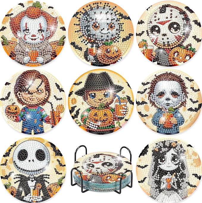 8 Pcs Halloween Diamond Painting Coasters Kits with Holder,DIY Horror Cute Diamond Art Coasters for Adults Beginnners,5D Full Round Drill Gem Painting Craft Art Kits for Supplies Gift 4X4 Inch. - skull coaster
