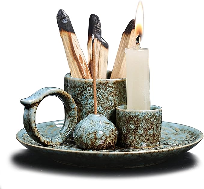 4 in 1 Ceramic Incense Burner Holder with Handle for Burning Sage, Palo Santo Stick, Joss Sticks, Candle in Your New House, Office, Yoga, Meditation Room (Speckled Blue) - skull incense burner