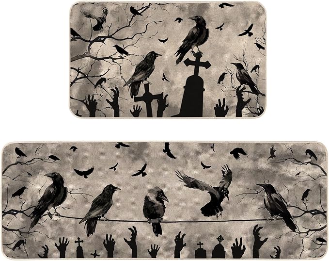 Gothic Crows Halloween Kitchen Rugs Set of 2, 17x29 and 17x47 Inch - skull floor mat