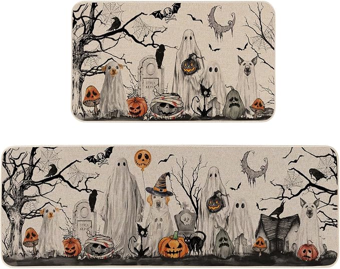 Halloween Boo Dog Ghost Decorative Kitchen Rugs Set of 2 17x29 & 17x47 Inch - skull floor mat
