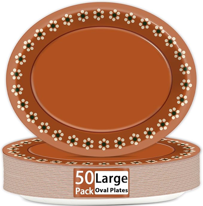 50 PCS Mexican Terracotta Oval Paper Plates Large 11" Disposable Platos De Barro Mexicanos Day of the Dead Party Decorations Terracotta Flower Supply Favor for Baby Shower Birthday Party Tableware Set - skull plate