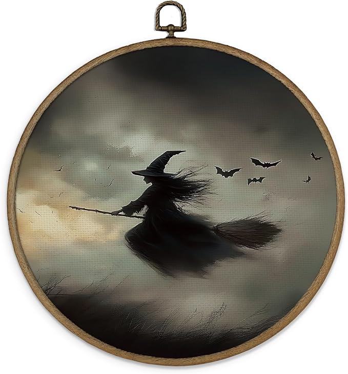 Gnmduw Dark Witchy Wall Art Framed, Witchy Gothic Wall Decor, Moody Academia Round Hanging Wall Decor, Halloween Witch Flying Canvas Prints Art for Living Room Bathroom Gallery Bedroom, 10x10 Inch - skull wall art