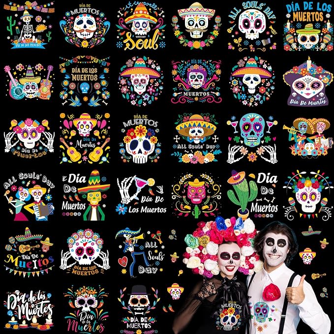 Fuutreo 30 Sheets Day of The Dead Iron on Transfer for T Shirts DIY Sticker - skull sticker