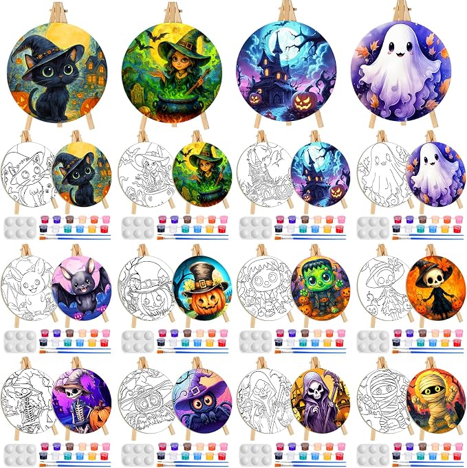 Supervitae 72 Piece Halloween Round Pre Drawn Canvas Kit for Painting Party