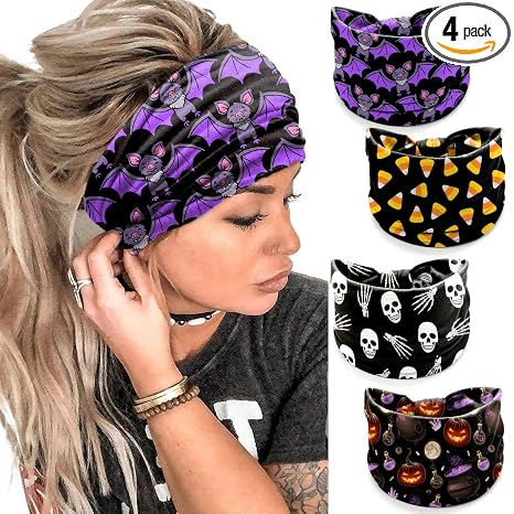IDDFEVE 4Pcs Halloween Headbands for Women – Skeleton Pumpkin Candy Corn Spider Holiday Hairbands, Festive Gift Hair Accessories (Black) - skull headband