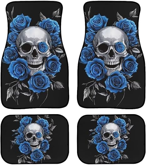 Blue Rose Skull Auto Carpet Floor Mats for Car Van Truck SUV, 4 Pieces Front & Rear Full Set with Rubber Backing Universal Fit for Most Vehicles - skull carpet