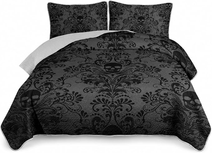 AILONEN Black Goth Skull Quilt Set- King Size Floral Skull Quilt Bedding Set – 3Pcs Boho Tree of Life Quilted Bedspread Coverlet for Boys Girls Adults with 2 Pillowcases