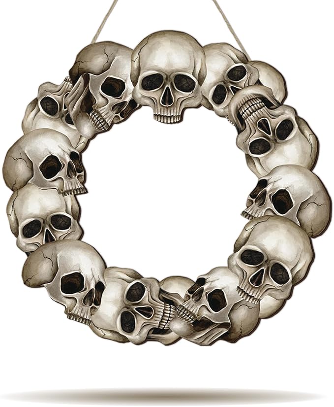 Halloween Wreaths for Front Door Sign 12 Inch Wooden Skull Door Hanger Decoration for Fall Wall Hanging Skeleton Bone Decor Halloween Party Outdoor Indoor Decor - skull wreath