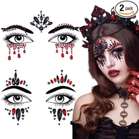 Halloween Face Gems Jewels Day of the Dead Rhinestone Skull Spider Web Pattern Design Crystals Temporary Tattoos Stickers for Women Masquerade Cosplay Party Eyes Makeup Décor (2 Pcs) - skull sticker