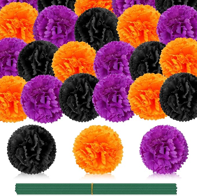 JUNEBRUSHS 30 Pcs Marigold Flower Heads Bulk, Mexican Artificial Marigold Flowers for Day of The Dead Decoration Wreath Garland Craft Diwali Dia De Los Muertos Halloween Home Decor Orange Purple Black - skull wreath