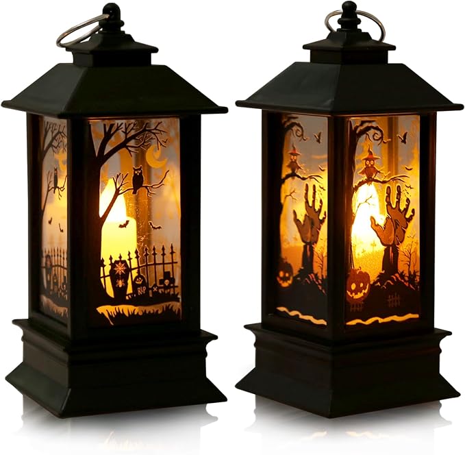 ABTOLS Halloween Decor Black Gothic Lantern Lights Mini Halloween Pumpkin Ghost Witch Bat Tree Candle Jack-o’-Lantern for Indoor Outdoor Table Decorations