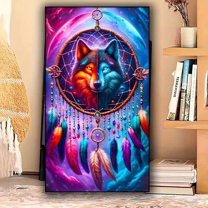 KUFWKEY Dreamcatcher Wolf 5D DIY Diamond Painting Kit for Adults,Full Round Drill Diamond Mosiac Embroidery Art,Animal Diamond Art Kits for Home Decor,Large Size 15.7x27.5 inch - skull wall art