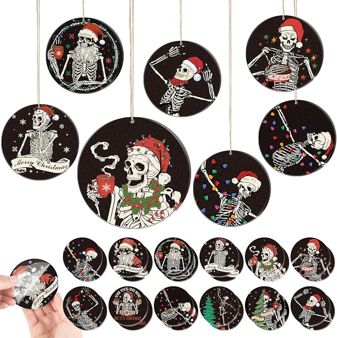 24 Pcs Black Skeleton Christmas Ornaments, Acrylic Skull Tree Decor - sugar skull ornament