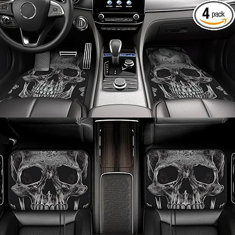 Car Floor Mats Heavy Duty Non-Slip Car Carpet Mats Full Set All Weather Front Rear Car Floor Foot Mat Skull Skeleton Floor Mat for Cars Heel Pad Universal Car Accessories - skull floor mat