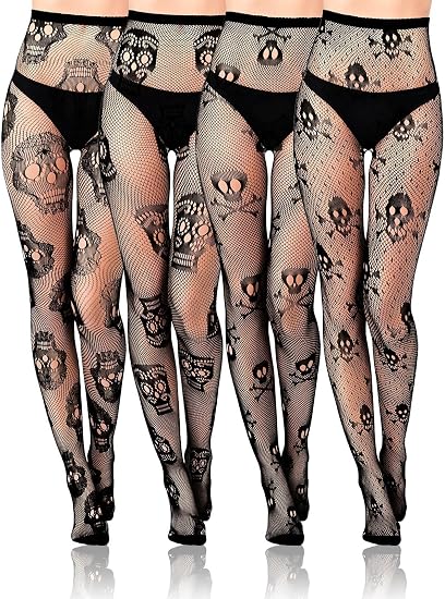 4 Pairs Black Fishnet Stocking, Black Skull Spider Web Star Bat Tights Legging Pantyhose for Women Halloween - skull leggings