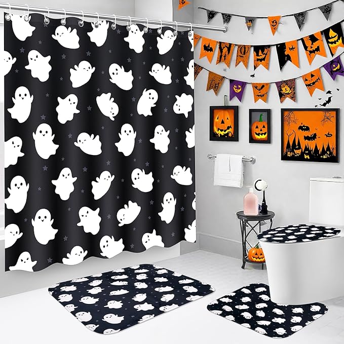 Ghost Halloween Shower Curtains Set with Rugs, Toilet Mat & Covers Mat - skull toilet mat