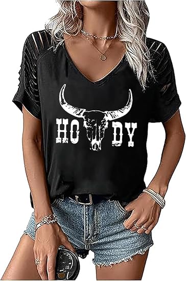 Western Cowboy T-Shirt Women Cut Out Cold Shoulder Tops Retro Country Concert Tee Short Sleeve V Neck Rodeo Shirt - skull tshirt