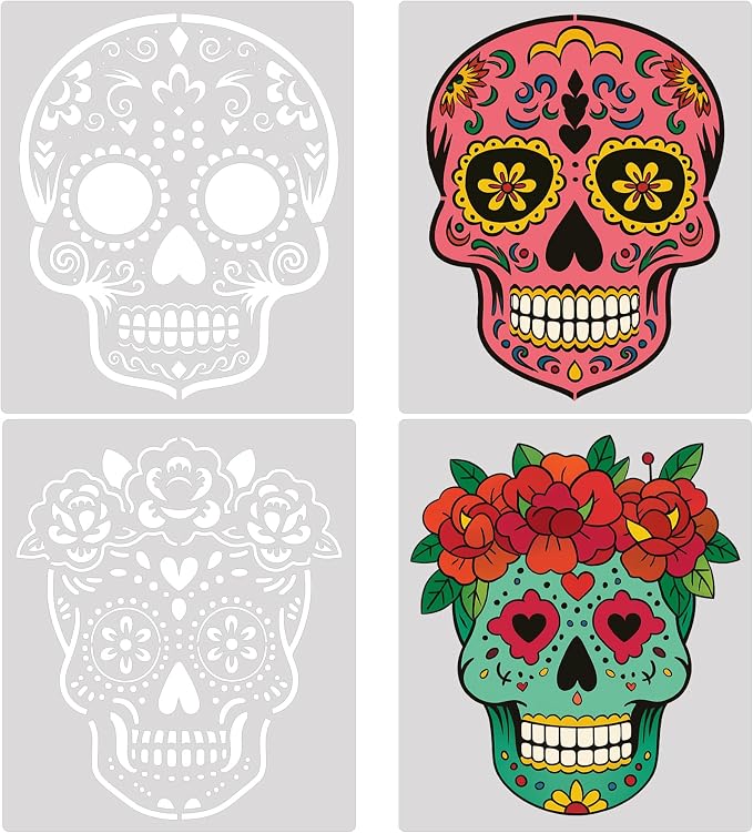 4pcs 12inch Sugar Skull Stencil Large Day of The Dead Painting Template Flower Pattern Skull Stencil Decoration for Holiday Halloween DIY Craft Wood Painting - skull plate