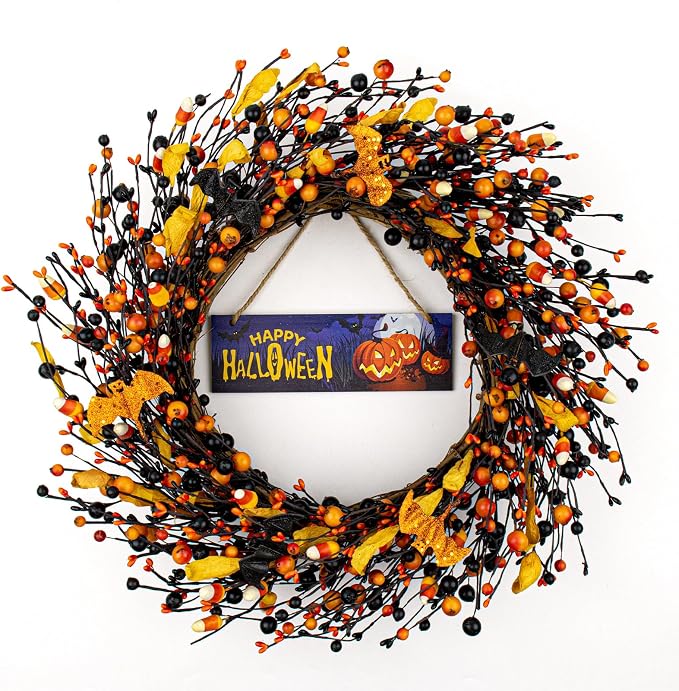 18 Inches Vintage Halloween Wreath Black Orange Berry Wreath Gothic Halloween Wreaths for Front Door with Glitter Bat for Window Wall Porch Holiday Hanging Decor - skull wreath