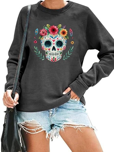 HAJIEXY Day Of The Dead Sweatshirts for Women Sugar Skull Garphic Sweatshirts Casual Dia De Los Muertos Pullover Tops - skull sweatshirts