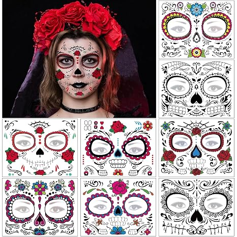 8 Sheets Day of the Dead Face Tattoos -Halloween Temporary Tattoo Face Stickers Kit Día de Los Muertos Glitter Red Roses Skeleton Sugar Skull Fake Tattoo for Halloween - sugar skull makeup