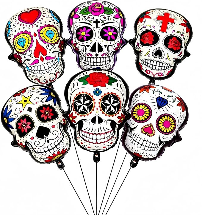 6Pcs Sugar Skull Balloons Day of The Dead Foil Balloons for Halloween Dia De Los Muertos Celebrations Birthday Baby Shower Wedding Party Decor - skull inflatable