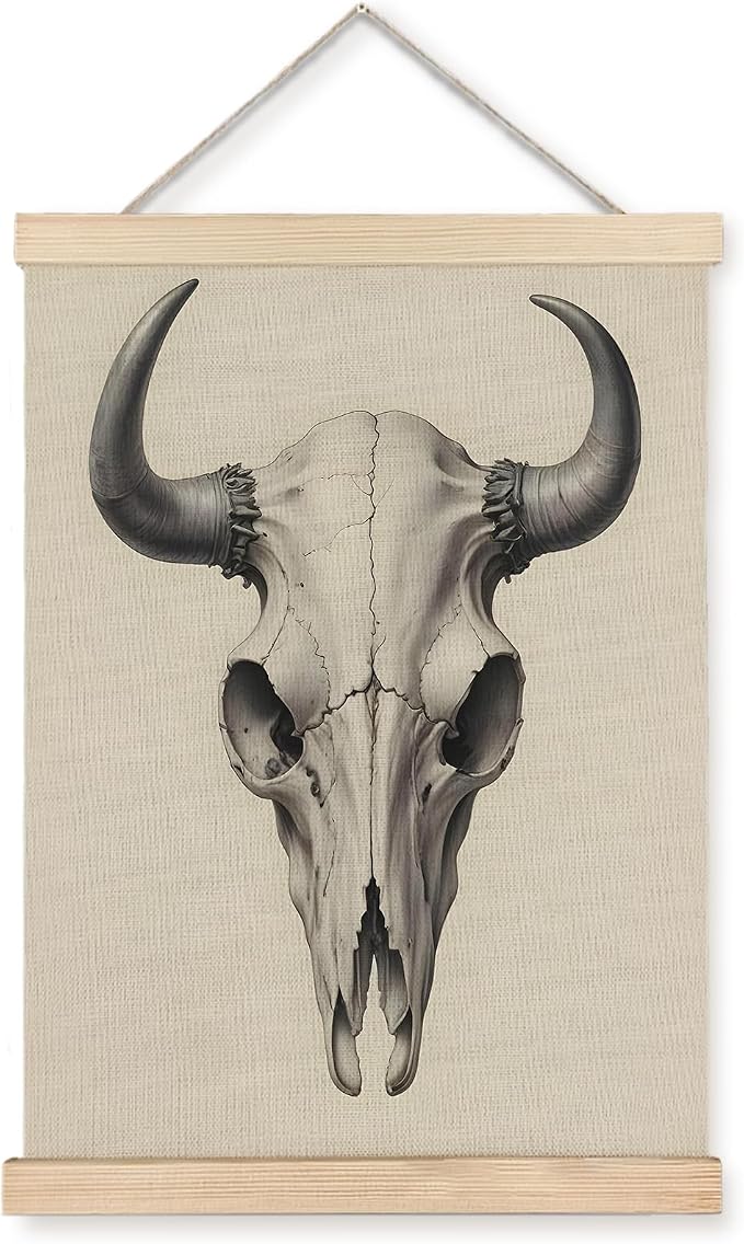 Yomisex Western Bull Skull Wall Art Poster, Boho Western Decor, Vintage Southwestern Cow Head Skeleton Wall Art Framed for Home Bedroom Living Room Decor, 12×16 Inch