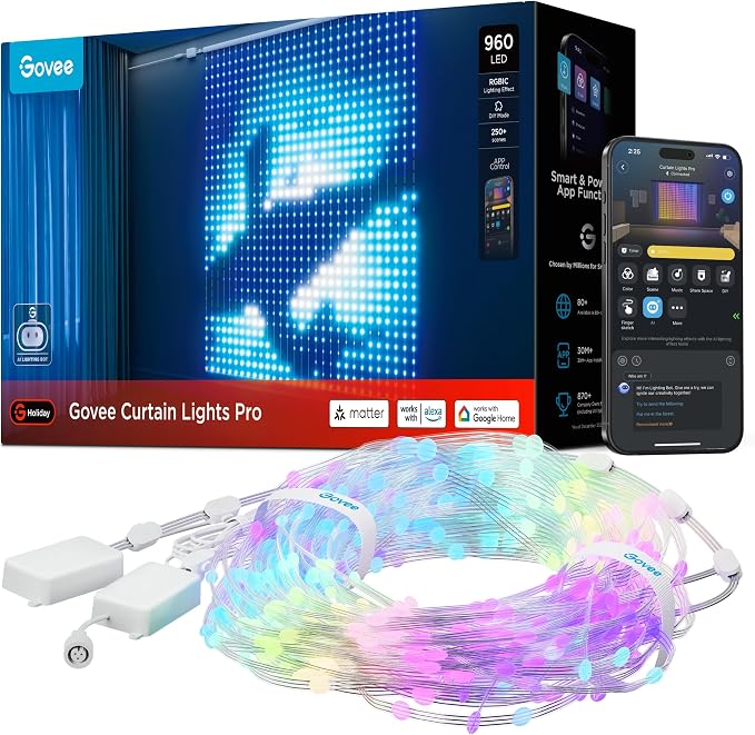 Govee Smart Curtain Lights Pro, 960 LEDs, 5.4×5.7ft for Holiday Decor - string light