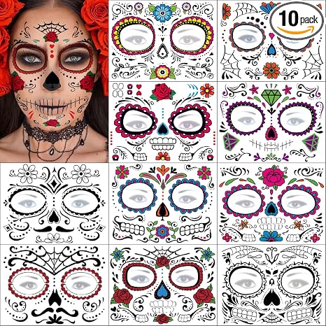 Day of the Dead Face Tattoos 10 Sheets - Halloween Temporary Tattoo Face Stickers Kit Día de Los Muertos Glitter Red Roses Skeleton Sugar Skull Fake Tattoo for Halloween - skull sticker