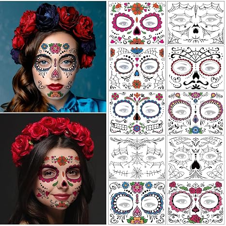 Day of the Dead Face Tattoos - 10 Sheets Halloween Temporary Tattoo Face Stickers Kit Día de Los Muertos Glitter Red Roses Skeleton Sugar Skull Fake Tattoo for Halloween - skull sticker