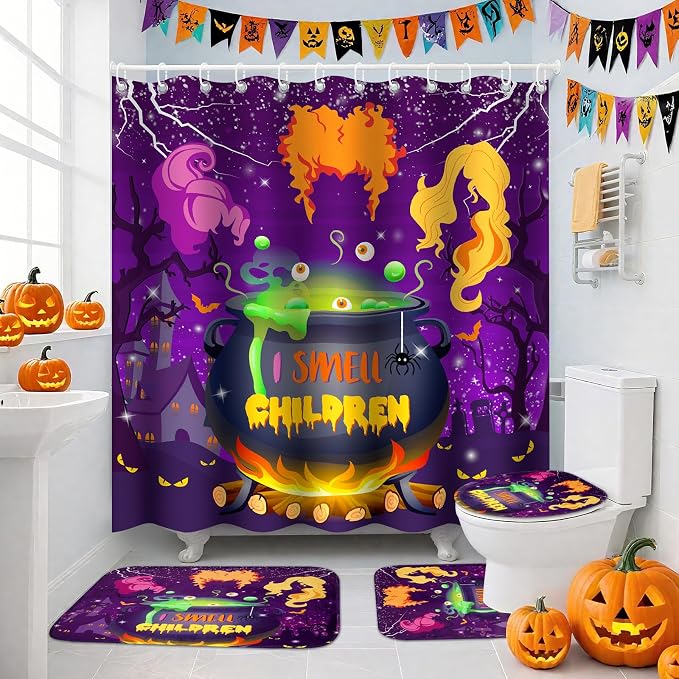 Halloween Shower Curtain Set - 4Pcs Halloween Bathroom Sets with Shower Curtain Non-Slip Rugs Toilet Lid Cover and Bath Mat Bathroom Decor - skull toilet paper