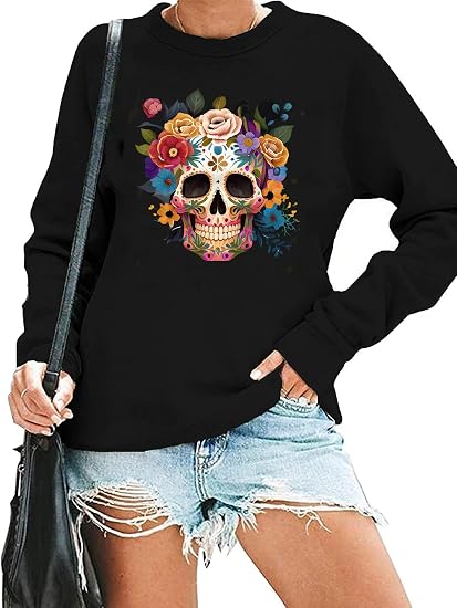 HAJIEXY Day Of The Dead Sweatshirts for Women Sugar Skull Garphic Sweatshirts Casual Dia De Los Muertos Pullover Tops - skull sweatshirts