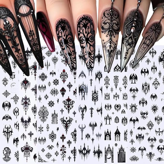 7 Sheets Black Gothic Nail Stickers for Nail Art, Self-Adhesive Nail Decals - skull sticker