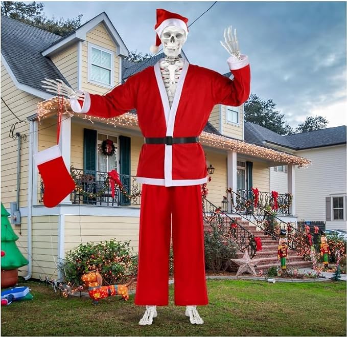 12 ft Giant Christmas Skeleton Costume Set, Extra Large Xmas Skeleton Clothes Accessories Including Santa Hat Top Pants Belt Stocking Storage Bag for Christmas Yard Lawn Garden Outdoor Decor - skeleton