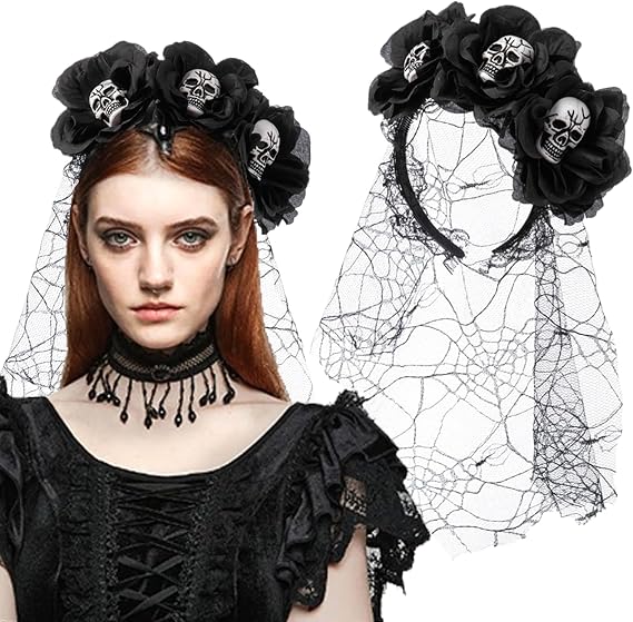 Rose Veil Headband Black Flower Skull Lace Crown Day of The Dead Halloween Headpiece Bridal Wedding Masquerade Supplies Gothic Hair Accessories - sugar skull costume
