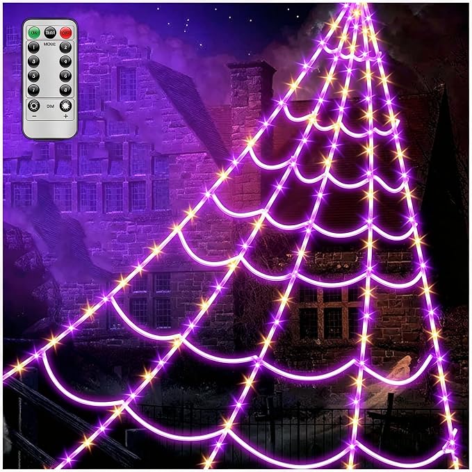 Spider Webs Halloween Decorations Lights - 250 LEDs Outdoor Halloween String Lights,8 Modes Remote Control 16.4Ft Spiderweb,Waterproof (Orange+Purple) - string light