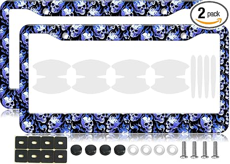 2PCS Blue Skull Fire Pattern License Plate Frames for Men Women - Universal Metal Skeleton Art & Flame Holders with Car Door Handle Bowl Films & Shockproof Foams - skull plate