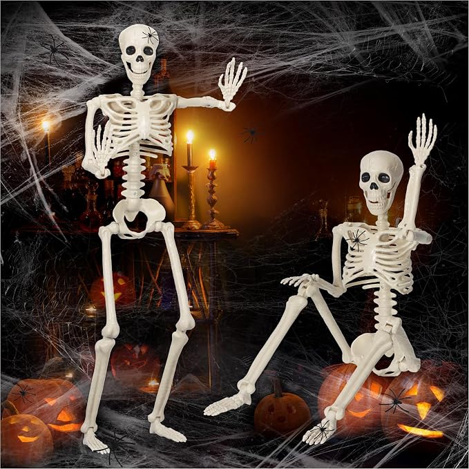 2 Pack 36″ Skeleton Halloween Decorations,3Ft Plastic Posable Skeleton with Movable Joints,with 20 Spiders & Spider Webs for Halloween Party Decorations,Yard Haunted House Props Indoor Outdoor Decor