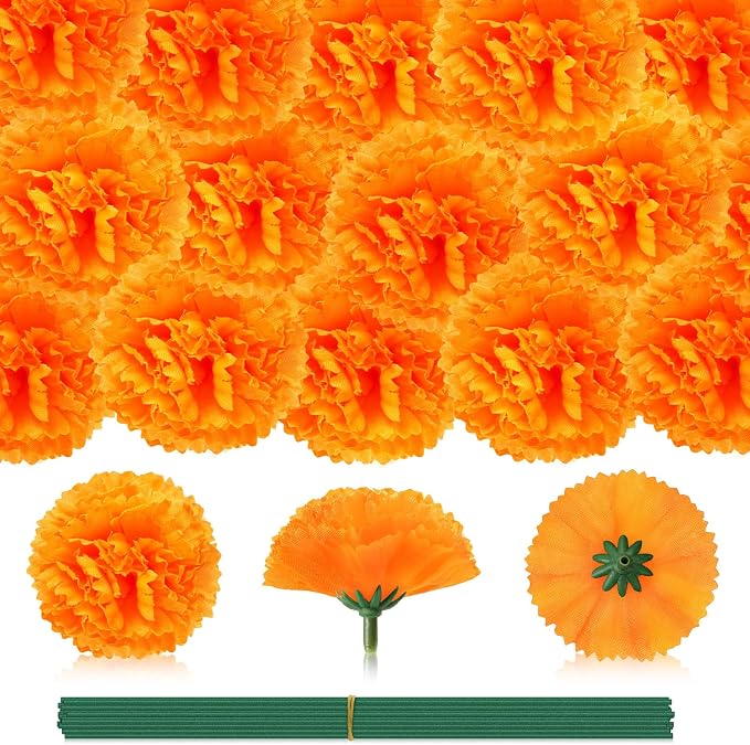 JUNEBRUSHS 110 Pcs Marigold Flower Heads Bulk, Mexican Orange Artificial Marigold Flowers for Day of The Dead Decorations DIY Wreath Garland Craft Indian Diwali Dia De Los Muertos Halloween Home Decor - skull wreath
