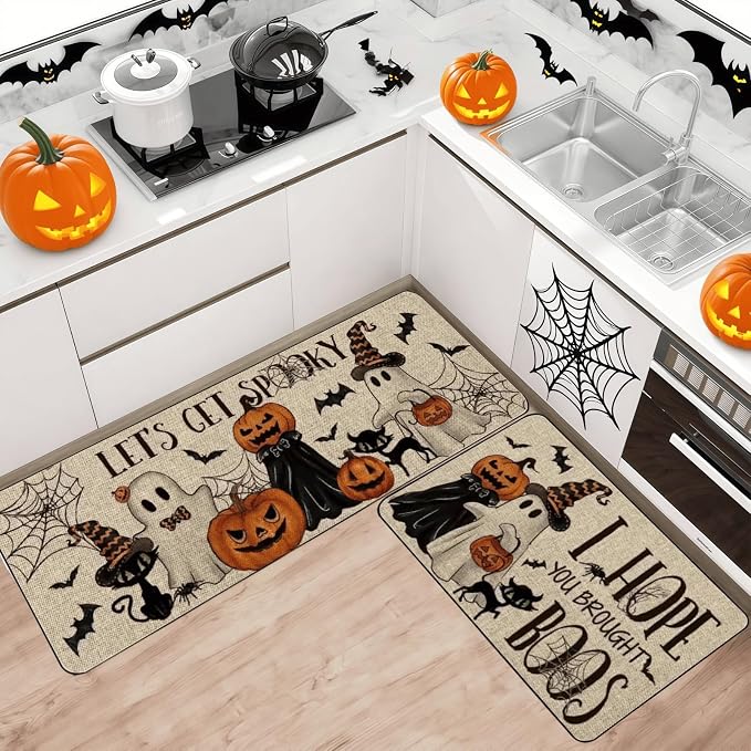 Halloween Decorations Kitchen Mats 2-Pack, Black Cat Rug, 17x29-17x47 - skull floor mat