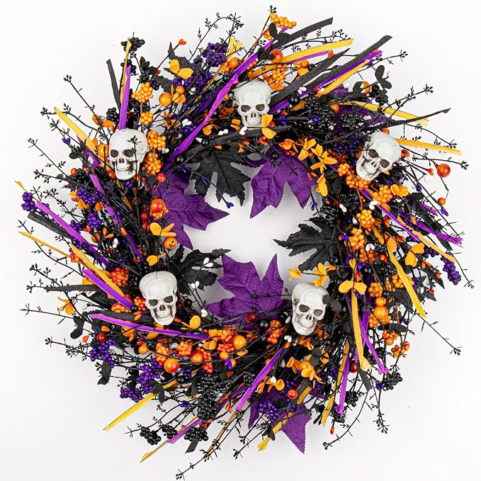 LLZLL Halloween Wreaths for Front Door 22 Inch Halloween Wreath Artificial Skull Wreath with Maple Leaves and Berries for Gothic Decoration - skull wreath